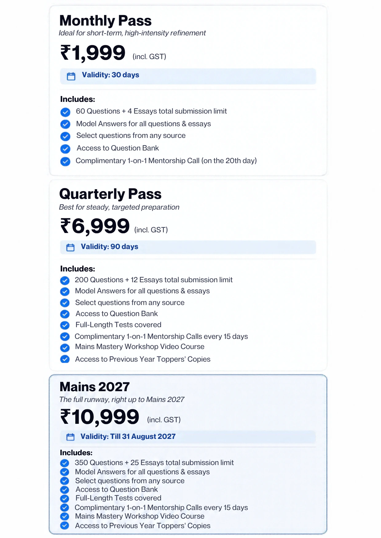 GS/ESSAY Monthly Pass, Quarterly Pass and Mains 2027 evaluation plans